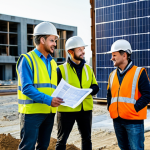 Sustainable Construction Site Meeting**

"A group of professional environmental engineers and construction workers, fully clothed in appropriate attire, having a meeting on a modern construction site focused on green building practices, discussing a blueprint with sustainable design elements, solar panels visible in the background, safe for work, appropriate content, perfect anatomy, correct proportions, natural pose, professional, modest, family-friendly, high quality, detailed textures, realistic lighting, showcasing eco-friendly materials being used."

**