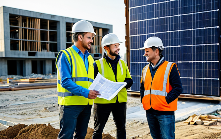 Sustainable Construction Site Meeting**

"A group of professional environmental engineers and construction workers, fully clothed in appropriate attire, having a meeting on a modern construction site focused on green building practices, discussing a blueprint with sustainable design elements, solar panels visible in the background, safe for work, appropriate content, perfect anatomy, correct proportions, natural pose, professional, modest, family-friendly, high quality, detailed textures, realistic lighting, showcasing eco-friendly materials being used."

**