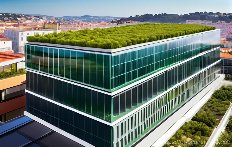 친환경건설기사 실기시험 합격 비법 - A vibrant and detailed image of a modern, sustainable construction site in Portugal under clear skie...