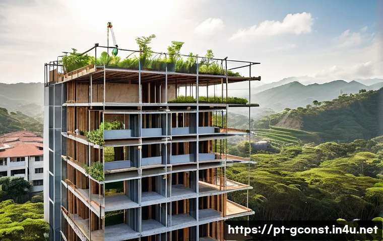 친환경건설기사 직무 관련 워크숍 후기 - A modern sustainable construction site in Brazil showcasing eco-friendly materials like recycled con...